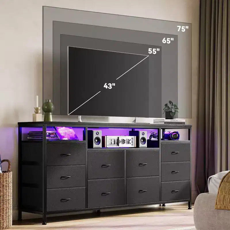 Mobile TV Comò Coolmee da 160 cm con 10 Cassetti, Mobile TV per Televisori da 65 70 75 Pollici, Cassettiera in Tessuto con Luce LED e Presa di Corrente, Centro di Intrattenimento Lungo
