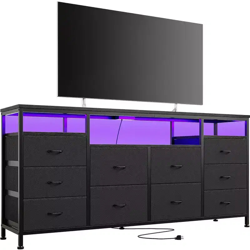 Mobile TV Comò Coolmee da 160 cm con 10 Cassetti, Mobile TV per Televisori da 65 70 75 Pollici, Cassettiera in Tessuto con Luce LED e Presa di Corrente, Centro di Intrattenimento Lungo