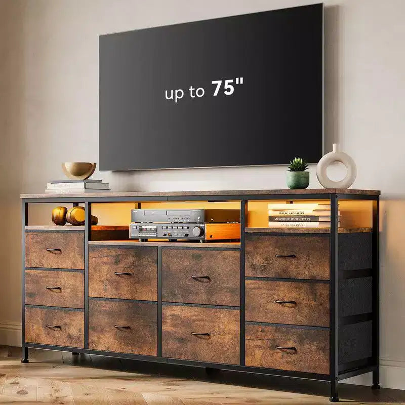 Mobile TV Comò Coolmee da 160 cm con 10 Cassetti, Mobile TV per Televisori da 65 70 75 Pollici, Cassettiera in Tessuto con Luce LED e Presa di Corrente, Centro di Intrattenimento Lungo