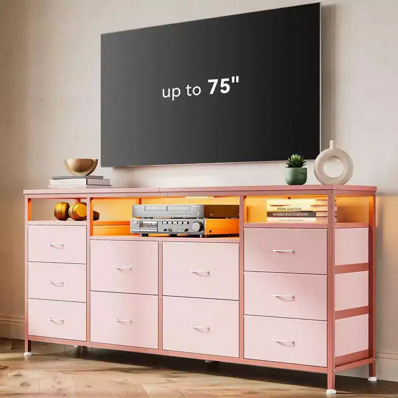 Mobile TV Comò Coolmee da 160 cm con 10 Cassetti, Mobile TV per Televisori da 65 70 75 Pollici, Cassettiera in Tessuto con Luce LED e Presa di Corrente, Centro di Intrattenimento Lungo