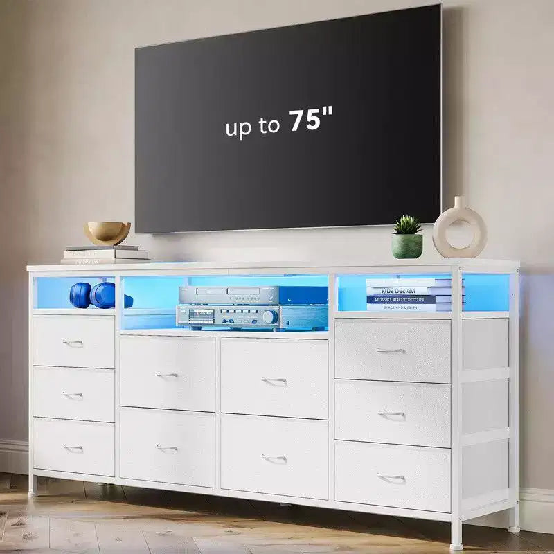 Mobile TV Comò Coolmee da 160 cm con 10 Cassetti, Mobile TV per Televisori da 65 70 75 Pollici, Cassettiera in Tessuto con Luce LED e Presa di Corrente, Centro di Intrattenimento Lungo
