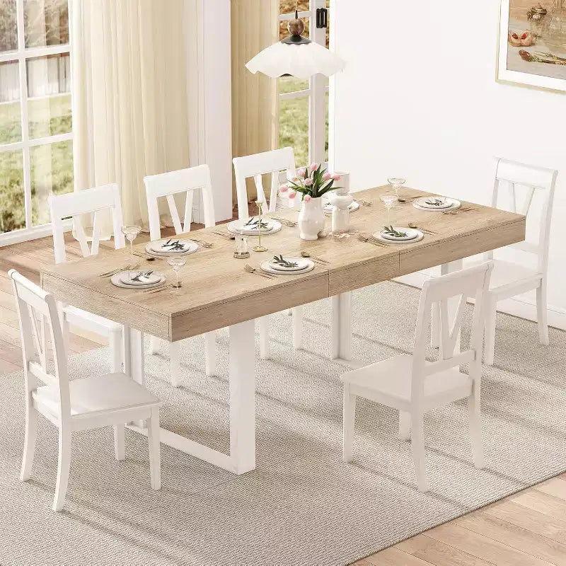 Zevemomo63-78.7Expandable Dining Table,6-10 Kitchen Table,Rectangular Kitchen Table with Metal Track,Tapered U-Shaped Legs for Dining Room,Office-Oak