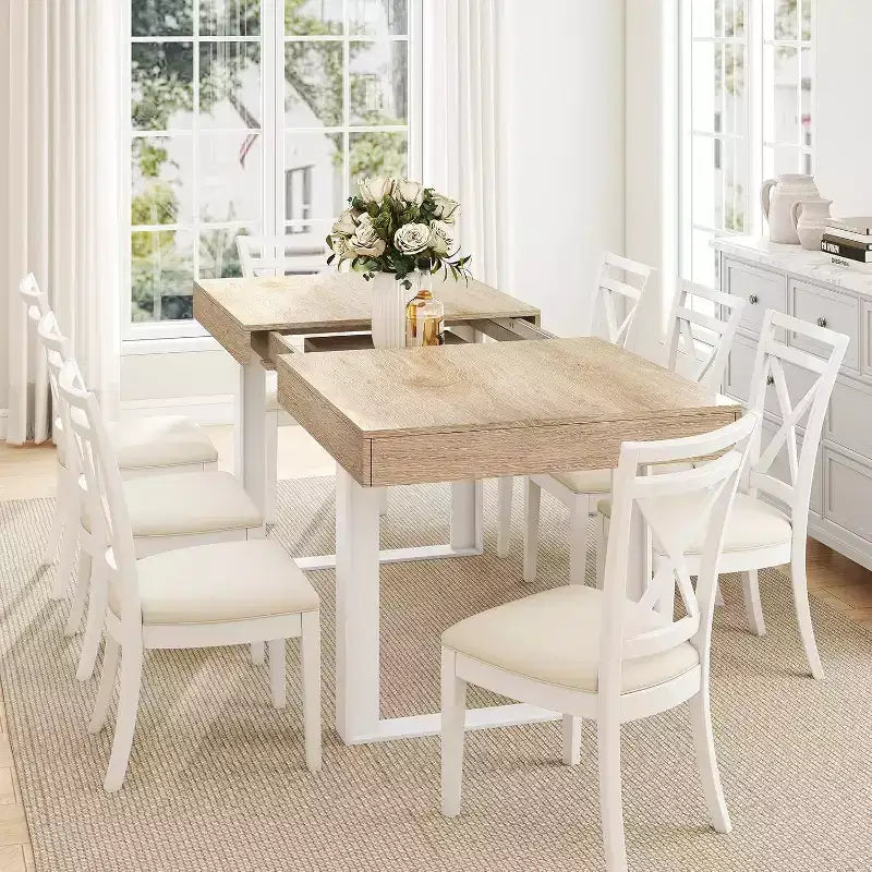 Zevemomo63-78.7Tavolo da pranzo allungabile, tavolo da cucina 6-10 posti, tavolo da cucina rettangolare con guida in metallo, gambe affusolate a forma di U per sala da pranzo, ufficio-rovere