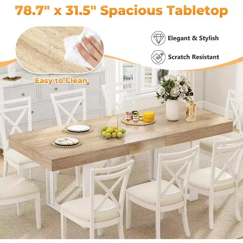 Zevemomo63-78.7Tavolo da pranzo allungabile, tavolo da cucina 6-10 posti, tavolo da cucina rettangolare con guida in metallo, gambe affusolate a forma di U per sala da pranzo, ufficio-rovere