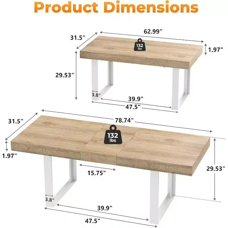 Zevemomo63-78.7Tavolo da pranzo allungabile, tavolo da cucina 6-10 posti, tavolo da cucina rettangolare con guida in metallo, gambe affusolate a forma di U per sala da pranzo, ufficio-rovere