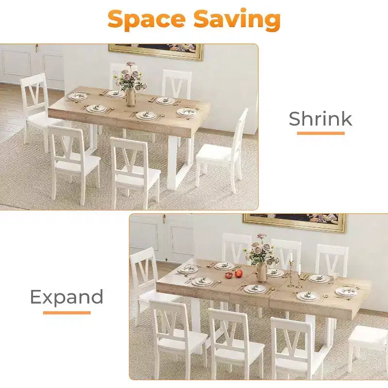 Zevemomo63-78.7Tavolo da pranzo allungabile, tavolo da cucina 6-10 posti, tavolo da cucina rettangolare con guida in metallo, gambe affusolate a forma di U per sala da pranzo, ufficio-rovere