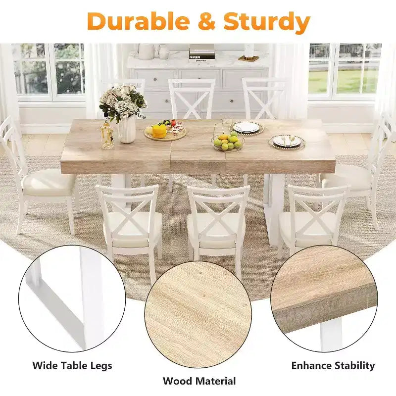 Zevemomo63-78.7Tavolo da pranzo allungabile, tavolo da cucina 6-10 posti, tavolo da cucina rettangolare con guida in metallo, gambe affusolate a forma di U per sala da pranzo, ufficio-rovere