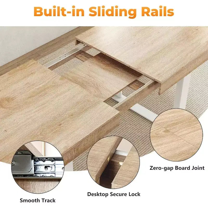 Zevemomo63-78.7Tavolo da pranzo allungabile, tavolo da cucina 6-10 posti, tavolo da cucina rettangolare con guida in metallo, gambe affusolate a forma di U per sala da pranzo, ufficio-rovere