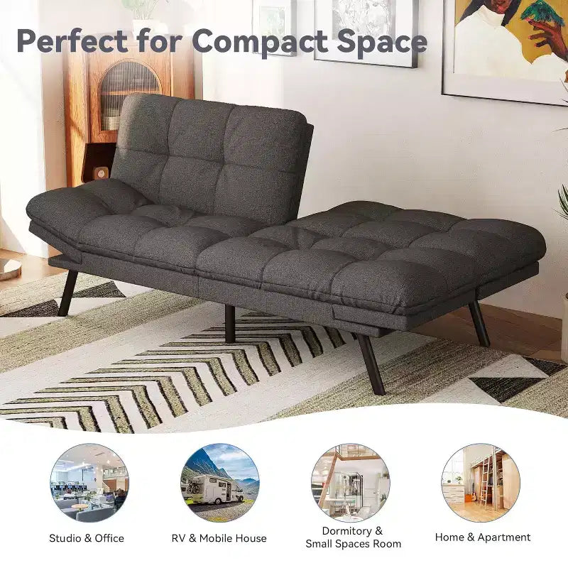 Dyonery 71 Divano Letto Futon, Accogliente Divanetto Convertibile, Divano in Tessuto Lino con Schienale e Braccioli Regolabili per Soggiorno, Camera degli Ospiti - Grigio Chiaro