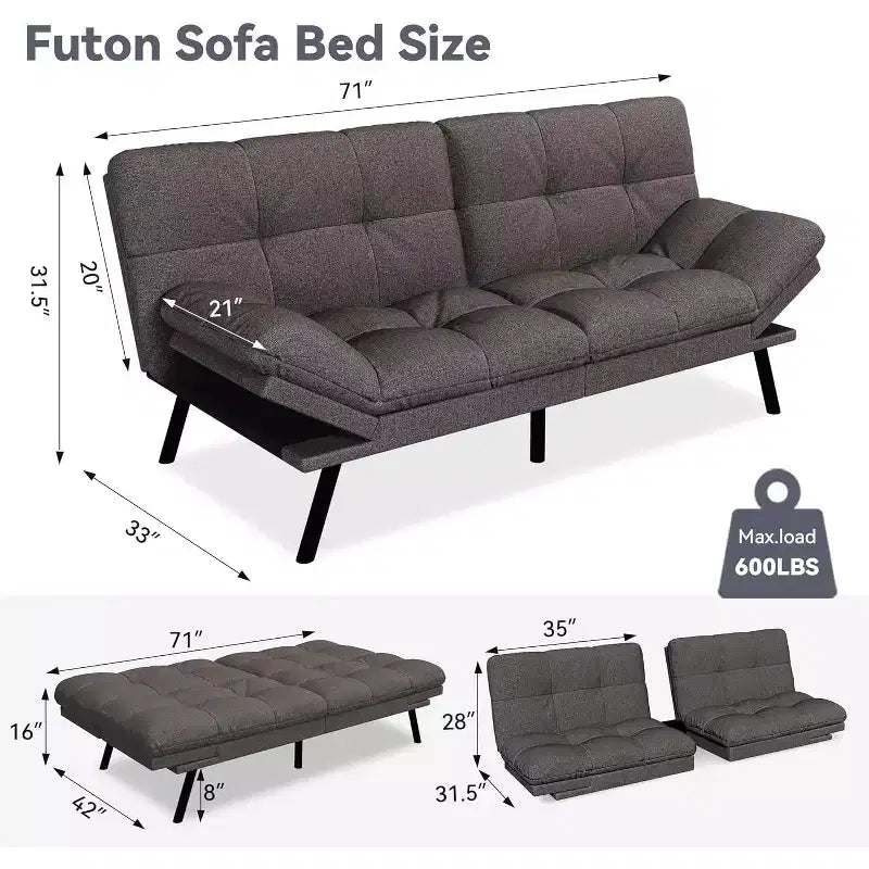Dyonery 71 Divano Letto Futon, Accogliente Divanetto Convertibile, Divano in Tessuto Lino con Schienale e Braccioli Regolabili per Soggiorno, Camera degli Ospiti - Grigio Chiaro
