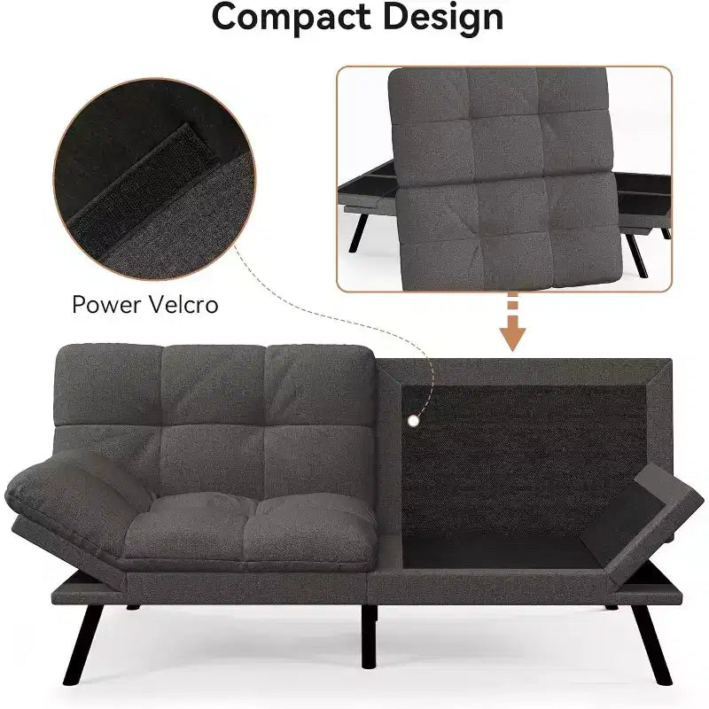 Dyonery 71 Divano Letto Futon, Accogliente Divanetto Convertibile, Divano in Tessuto Lino con Schienale e Braccioli Regolabili per Soggiorno, Camera degli Ospiti - Grigio Chiaro