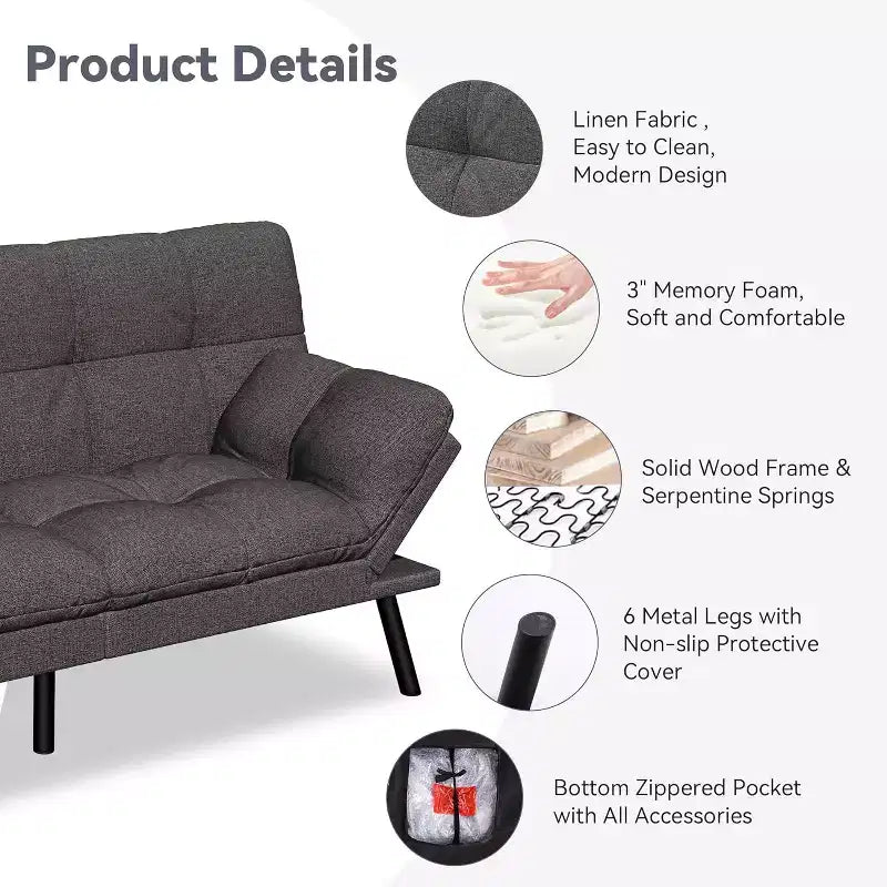 Dyonery 71 Divano Letto Futon, Accogliente Divanetto Convertibile, Divano in Tessuto Lino con Schienale e Braccioli Regolabili per Soggiorno, Camera degli Ospiti - Grigio Chiaro