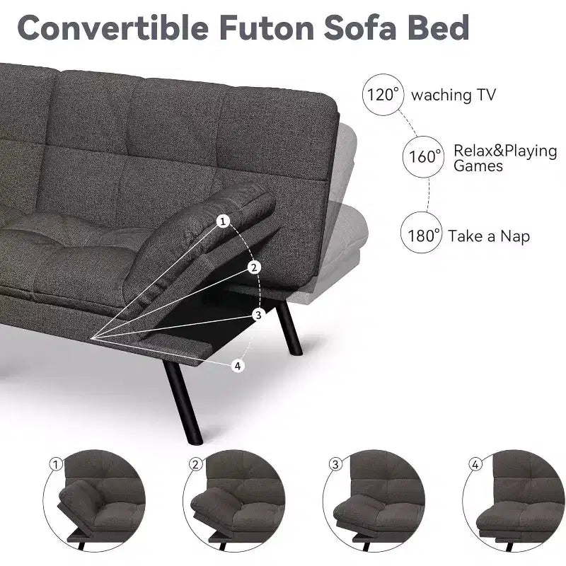 Dyonery 71 Divano Letto Futon, Accogliente Divanetto Convertibile, Divano in Tessuto Lino con Schienale e Braccioli Regolabili per Soggiorno, Camera degli Ospiti - Grigio Chiaro