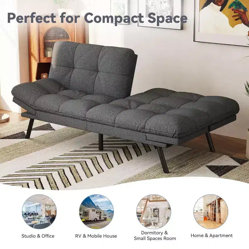 Dyonery 71 Divano Letto Futon, Accogliente Divanetto Convertibile, Divano in Tessuto Lino con Schienale e Braccioli Regolabili per Soggiorno, Camera degli Ospiti - Grigio Chiaro