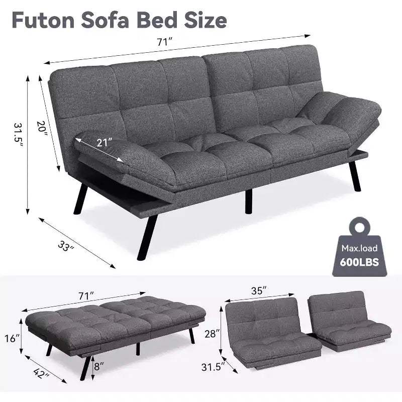 Dyonery 71 Divano Letto Futon, Accogliente Divanetto Convertibile, Divano in Tessuto Lino con Schienale e Braccioli Regolabili per Soggiorno, Camera degli Ospiti - Grigio Chiaro