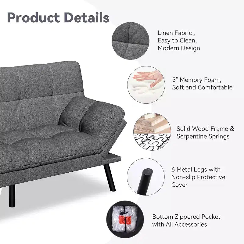 Dyonery 71 Divano Letto Futon, Accogliente Divanetto Convertibile, Divano in Tessuto Lino con Schienale e Braccioli Regolabili per Soggiorno, Camera degli Ospiti - Grigio Chiaro