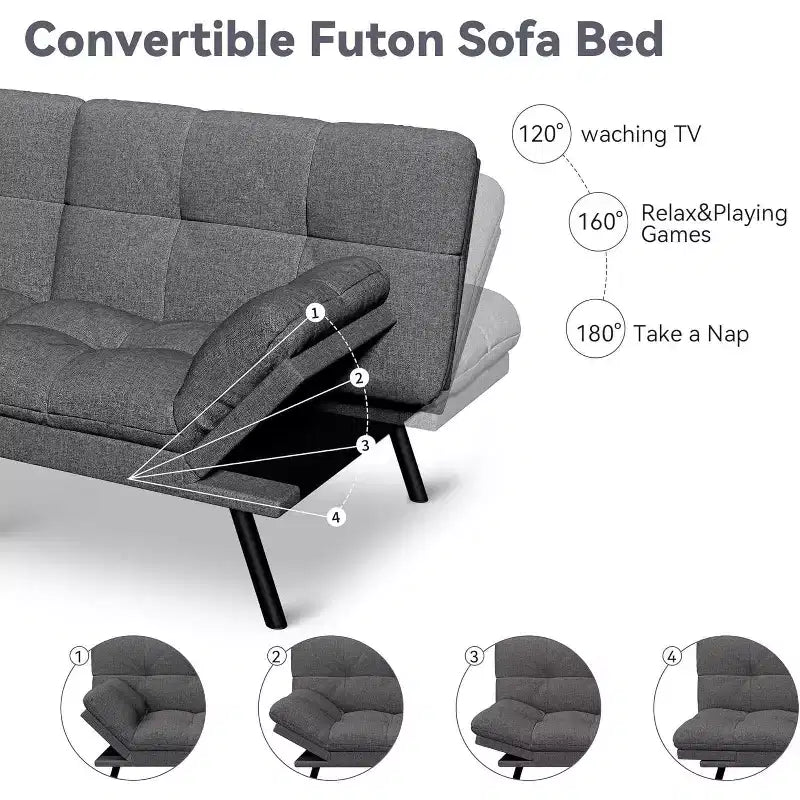 Dyonery 71 Divano Letto Futon, Accogliente Divanetto Convertibile, Divano in Tessuto Lino con Schienale e Braccioli Regolabili per Soggiorno, Camera degli Ospiti - Grigio Chiaro