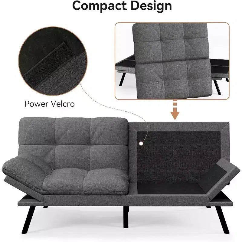Dyonery 71 Divano Letto Futon, Accogliente Divanetto Convertibile, Divano in Tessuto Lino con Schienale e Braccioli Regolabili per Soggiorno, Camera degli Ospiti - Grigio Chiaro