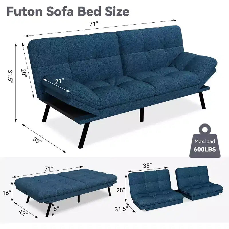 Dyonery 71 Divano Letto Futon, Accogliente Divanetto Convertibile, Divano in Tessuto Lino con Schienale e Braccioli Regolabili per Soggiorno, Camera degli Ospiti - Grigio Chiaro