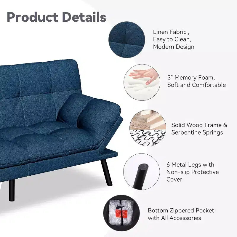 Dyonery 71 Divano Letto Futon, Accogliente Divanetto Convertibile, Divano in Tessuto Lino con Schienale e Braccioli Regolabili per Soggiorno, Camera degli Ospiti - Grigio Chiaro