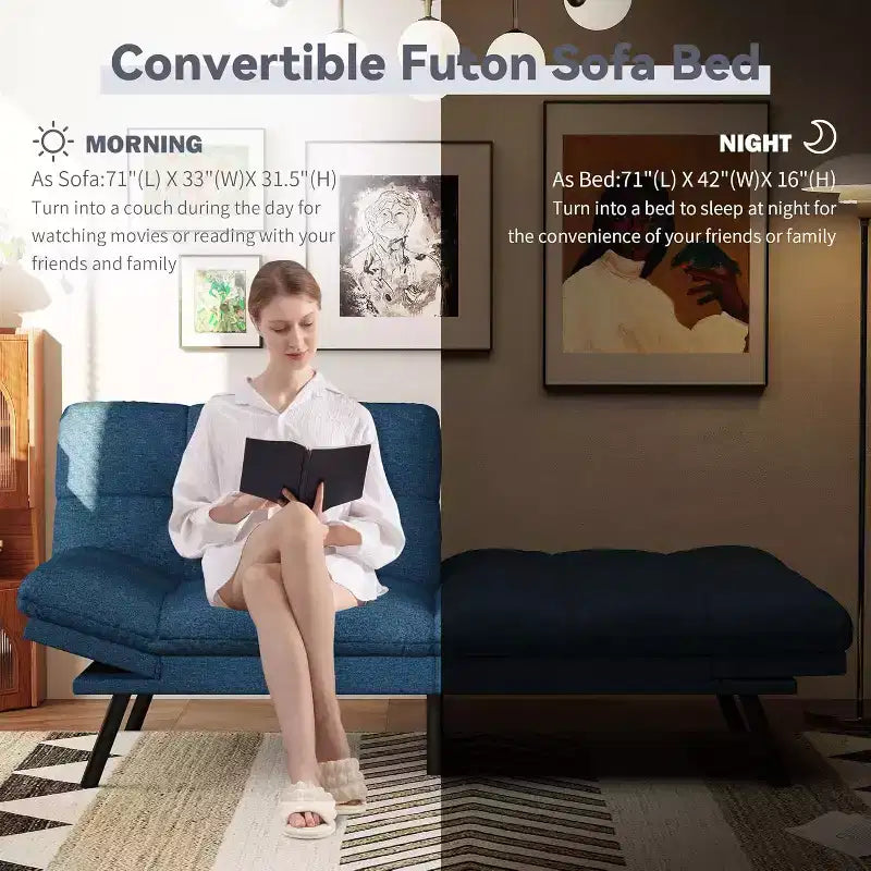 Dyonery 71 Divano Letto Futon, Accogliente Divanetto Convertibile, Divano in Tessuto Lino con Schienale e Braccioli Regolabili per Soggiorno, Camera degli Ospiti - Grigio Chiaro
