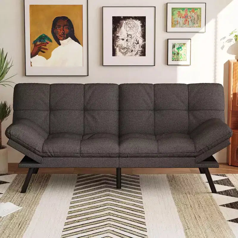 Dyonery 71 Divano Letto Futon, Accogliente Divanetto Convertibile, Divano in Tessuto Lino con Schienale e Braccioli Regolabili per Soggiorno, Camera degli Ospiti - Grigio Chiaro
