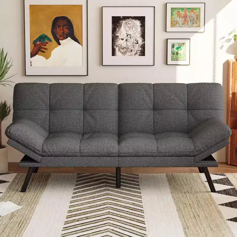 Dyonery 71 Divano Letto Futon, Accogliente Divanetto Convertibile, Divano in Tessuto Lino con Schienale e Braccioli Regolabili per Soggiorno, Camera degli Ospiti - Grigio Chiaro