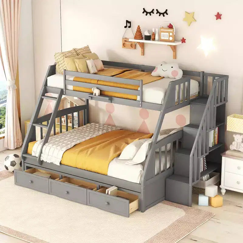 Letto a castello a una piazza e mezza con cassetti, letto a castello in legno trasformabile con due cassetti portaoggetti, telaio letto a castello staccabile in legno massello