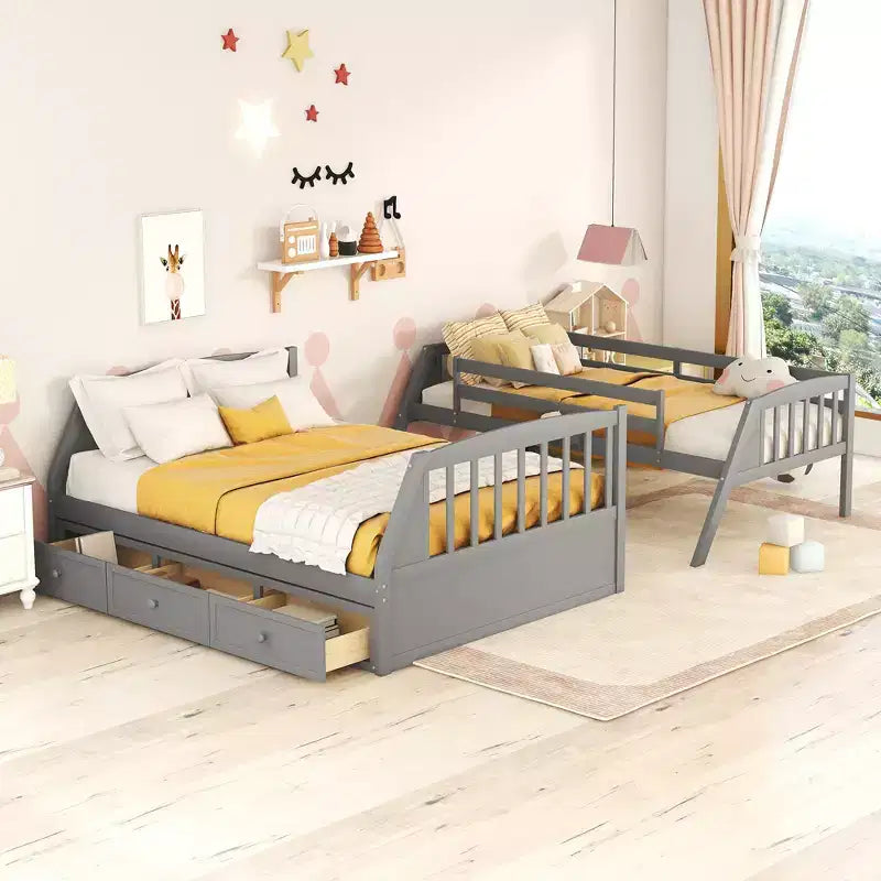 Letto a castello a una piazza e mezza con cassetti, letto a castello in legno trasformabile con due cassetti portaoggetti, telaio letto a castello staccabile in legno massello