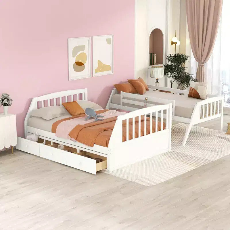 Letto a castello a una piazza e mezza con cassetti, letto a castello in legno trasformabile con due cassetti portaoggetti, telaio letto a castello staccabile in legno massello