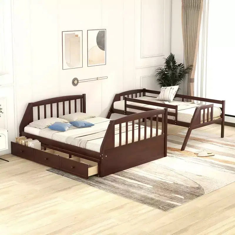 Letto a castello a una piazza e mezza con cassetti, letto a castello in legno trasformabile con due cassetti portaoggetti, telaio letto a castello staccabile in legno massello