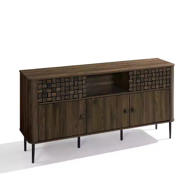 Credenza LuxenHome in legno lavorato rovere scuro con 3 ante a trama intrecciata e 2 ante scorrevoli