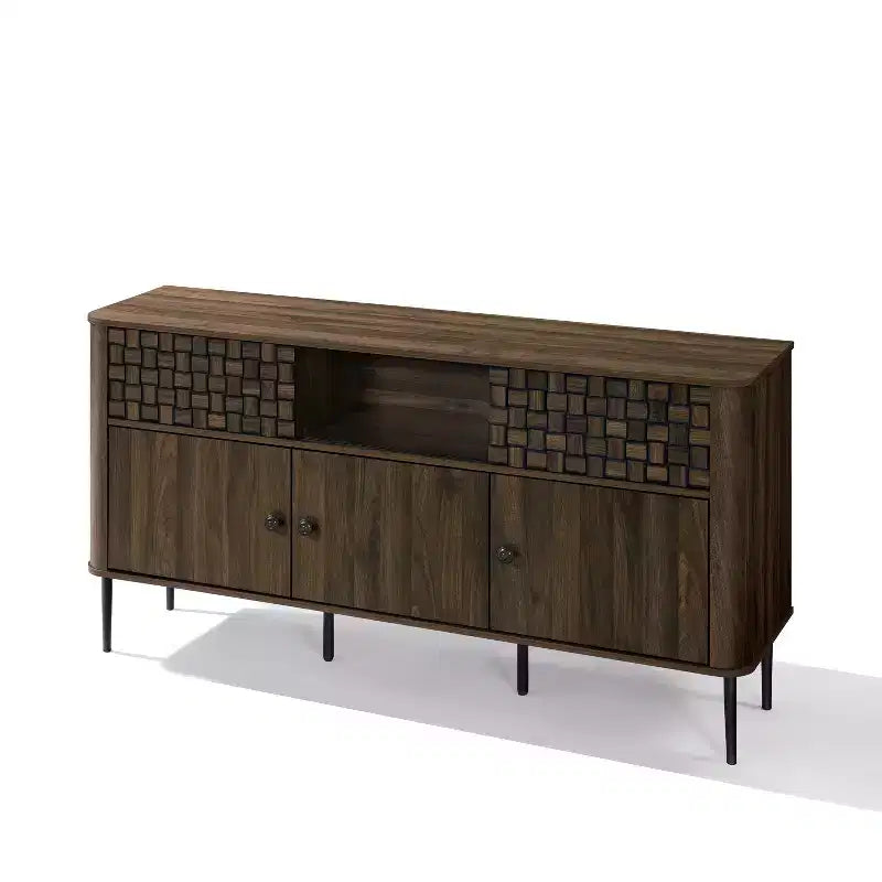 Credenza LuxenHome in legno lavorato rovere scuro con 3 ante a trama intrecciata e 2 ante scorrevoli