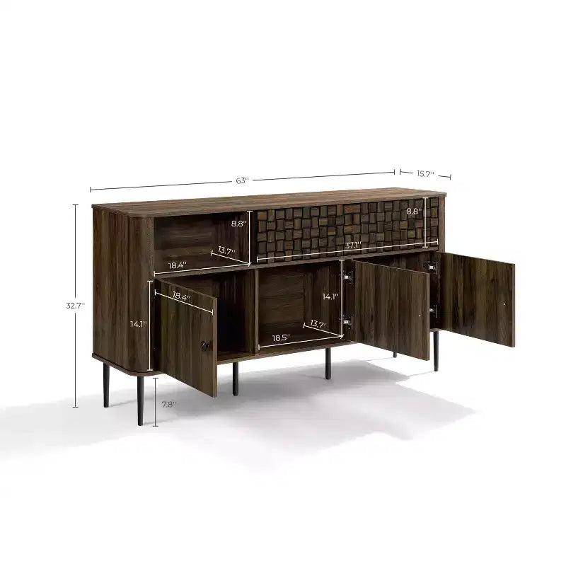 Credenza LuxenHome in legno lavorato rovere scuro con 3 ante a trama intrecciata e 2 ante scorrevoli