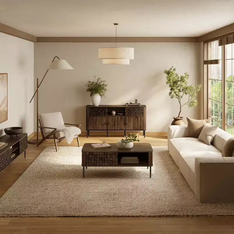Credenza LuxenHome in legno lavorato rovere scuro con 3 ante a trama intrecciata e 2 ante scorrevoli