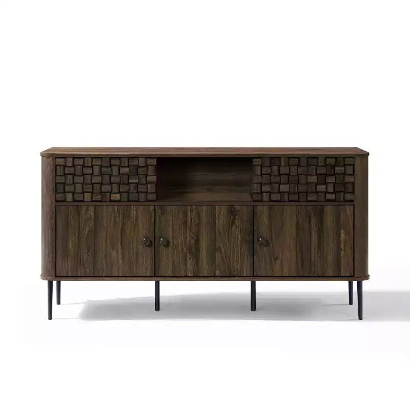 Credenza LuxenHome in legno lavorato rovere scuro con 3 ante a trama intrecciata e 2 ante scorrevoli
