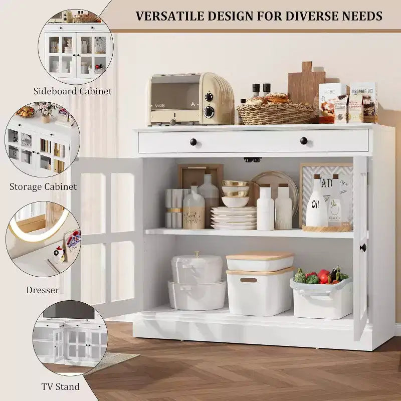 35.4 Mobile credenza moderno bianco - Credenza con ante in vetro e cassetti contenitore per sala da pranzo e cucina