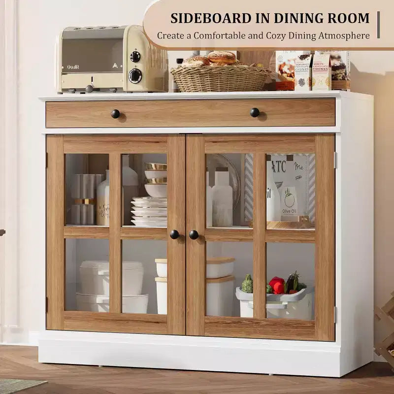 35.4 Mobile credenza moderno bianco - Credenza con ante in vetro e cassetti contenitore per sala da pranzo e cucina