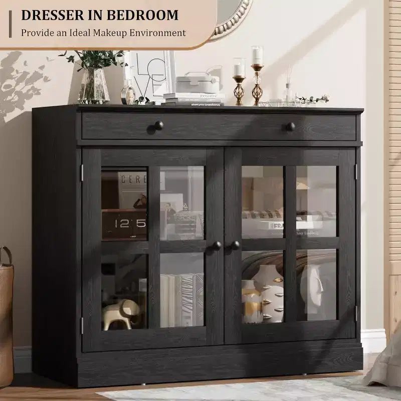 35.4 Mobile credenza moderno bianco - Credenza con ante in vetro e cassetti contenitore per sala da pranzo e cucina