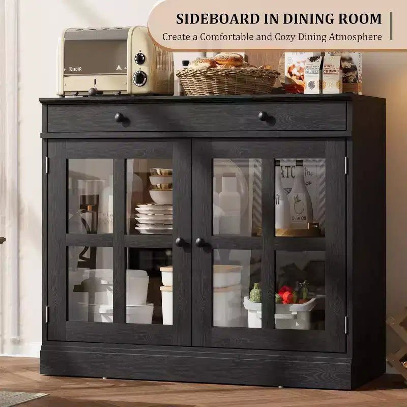 35.4 Mobile credenza moderno bianco - Credenza con ante in vetro e cassetti contenitore per sala da pranzo e cucina