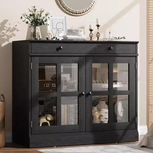 35.4 White Modern Sideboard - Glass Door Buffet Cabinet with Drawer Storage for Dining Room & Kitchen