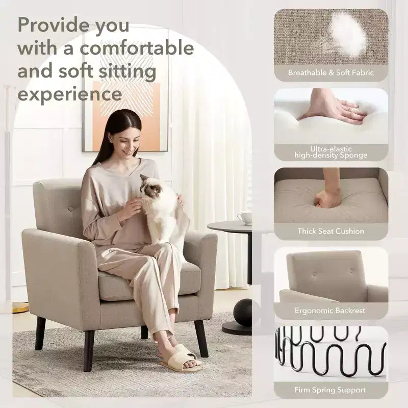 Poltrona imbottita per soggiorno CuisinSmart, poltrona moderna in tessuto con gambe in legno e cuscino di seduta più spesso per camera da letto e ufficio