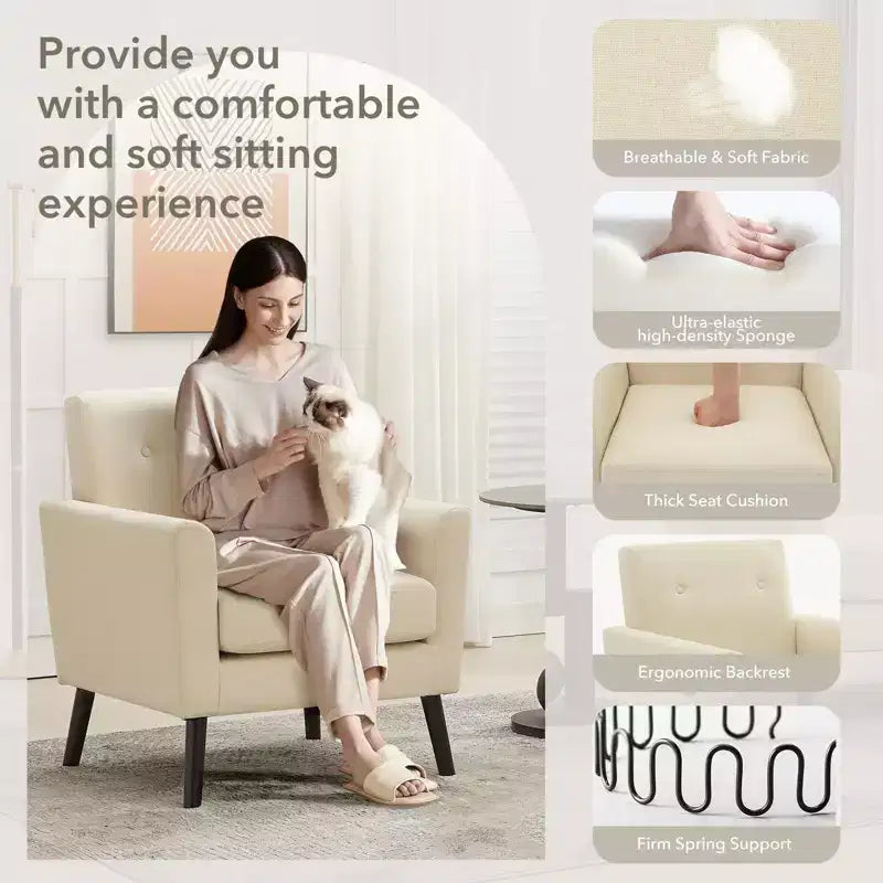 Poltrona imbottita per soggiorno CuisinSmart, poltrona moderna in tessuto con gambe in legno e cuscino di seduta più spesso per camera da letto e ufficio
