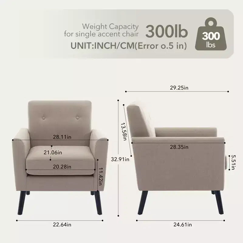 Poltrona imbottita per soggiorno CuisinSmart, poltrona moderna in tessuto con gambe in legno e cuscino di seduta più spesso per camera da letto e ufficio