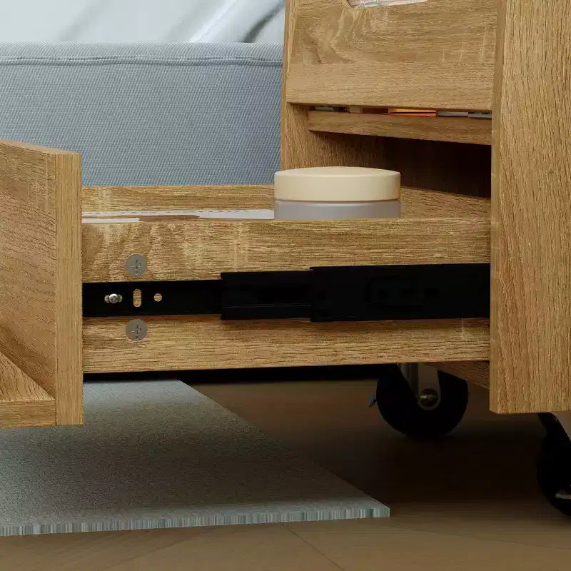 Comodino a forma di robot giocoso Famapy, rotazione a 360°, striscia LED touch-control, mobiletto laterale con piano girevole, ruote bloccabili
