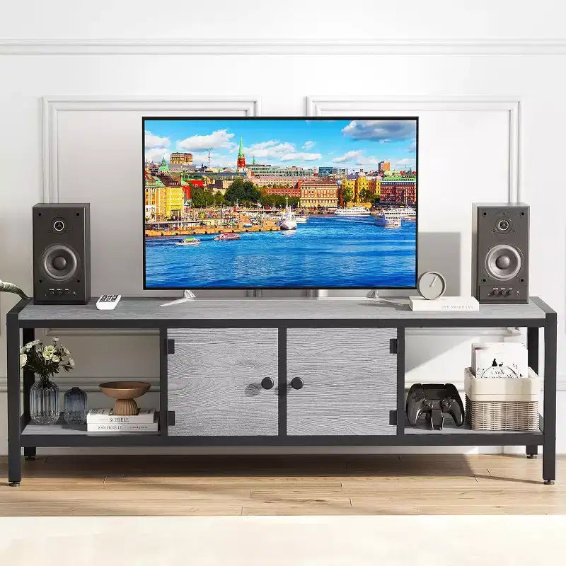Mobile TV COZONY in stile rustico moderno per soggiorno con mensole portaoggetti, tavolo consolle centro di intrattenimento per camera da letto