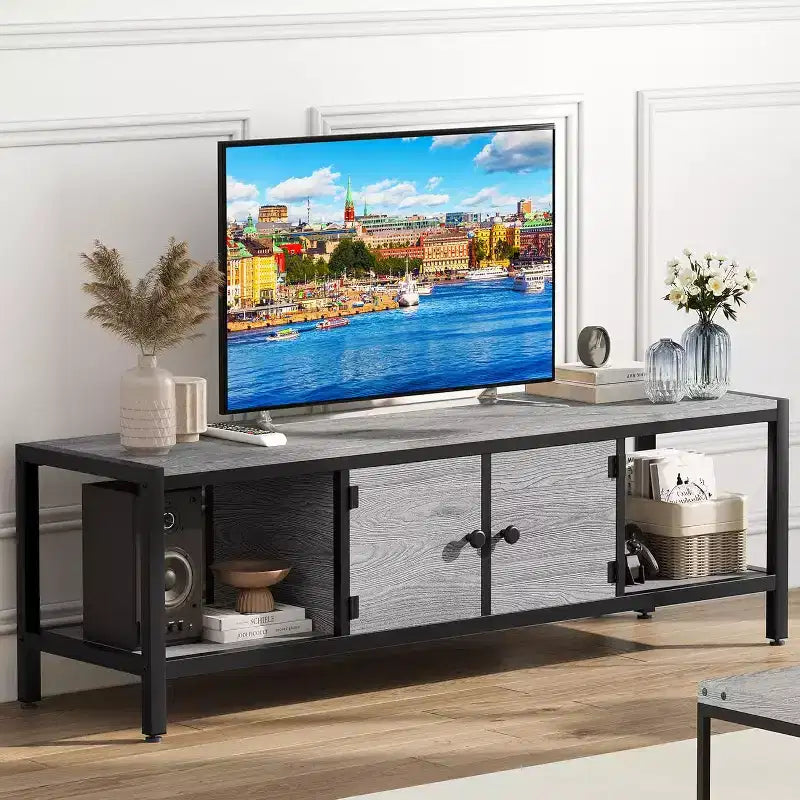 Mobile TV COZONY in stile rustico moderno per soggiorno con mensole portaoggetti, tavolo consolle centro di intrattenimento per camera da letto