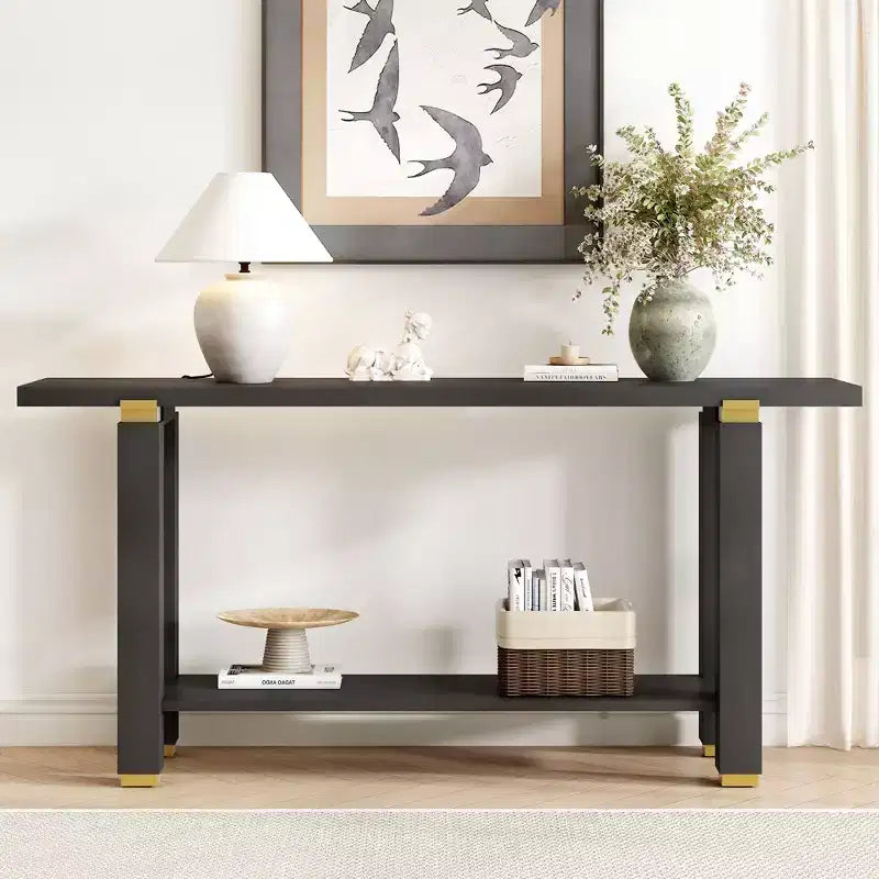Okak 63IN Modern Narrow Console Table, Entryway Table with Metal Accents and Open Shelf, Accent Table for Living Room, Hallway, Black