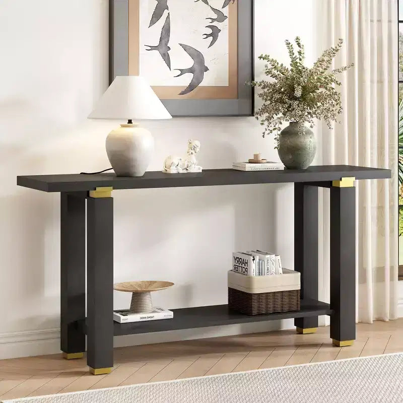 Okak 63IN Consolle Stretta Moderna, Tavolo da Ingresso con Inserti Metallici e Ripiano Aperto, Tavolo d'Appoggio per Soggiorno, Corridoio, Nero