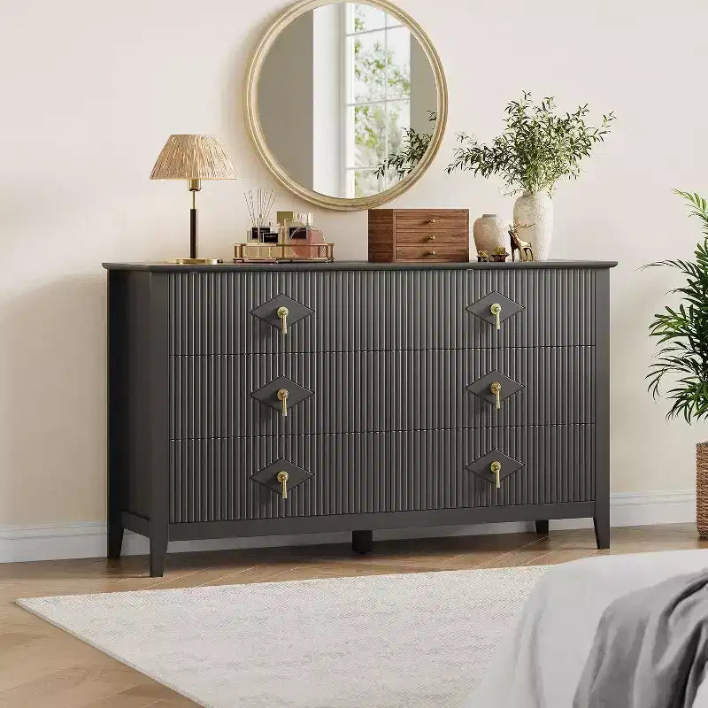 Cassettiera alta scanalata da 109 cm - Mobile contenitore in legno a 5 cassetti per camera da letto e soggiorno